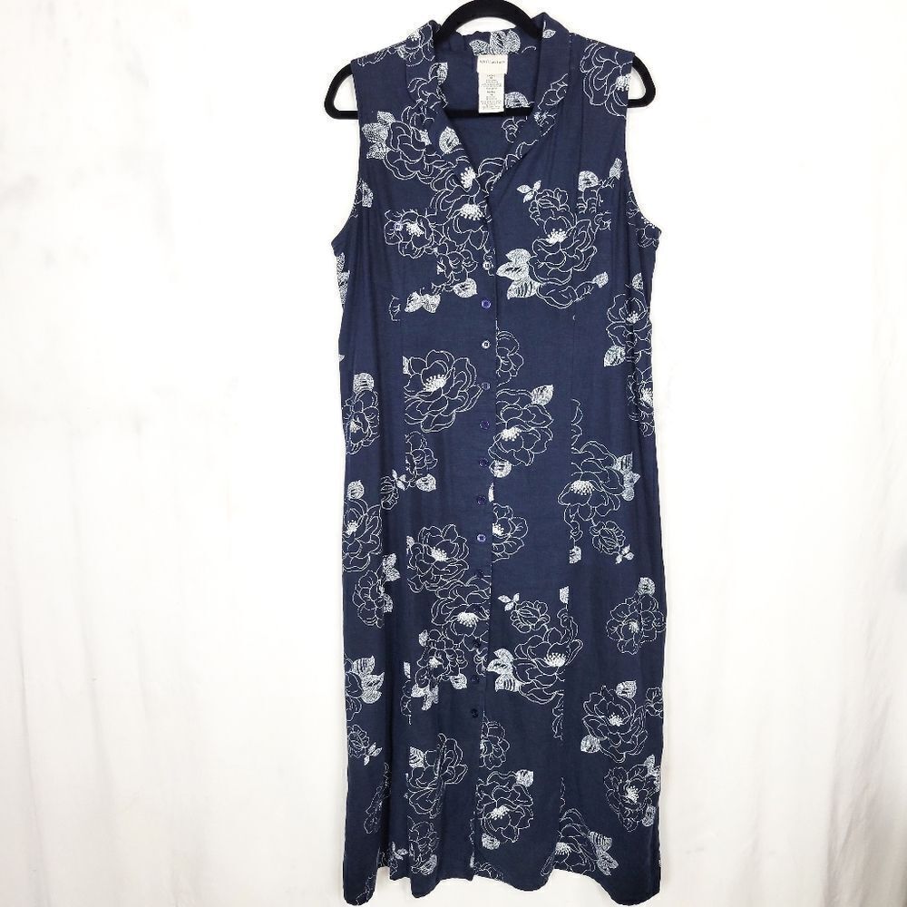 Vintage White Stag Navy Floral Linen Blend Button Up Sleeveless Shirt Dress
